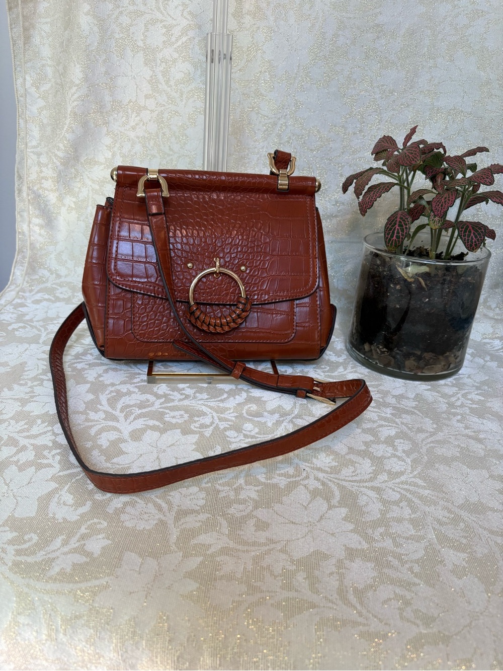 Kate Landry Croc-Embossed Tan/Brown Crossbody with Gold Ring
